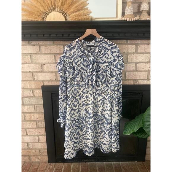 Eloquii Chiffon Tie Neck Long Sleeve Fit & Flare Dress Plus Size 20 Blue White - Picture 4 of 11